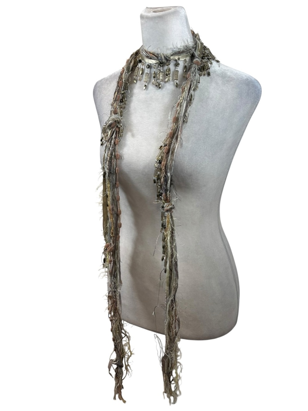 Unique Boho Bead, Ribbon and Mixed Material Thin Scarf - Picture 3 of 8